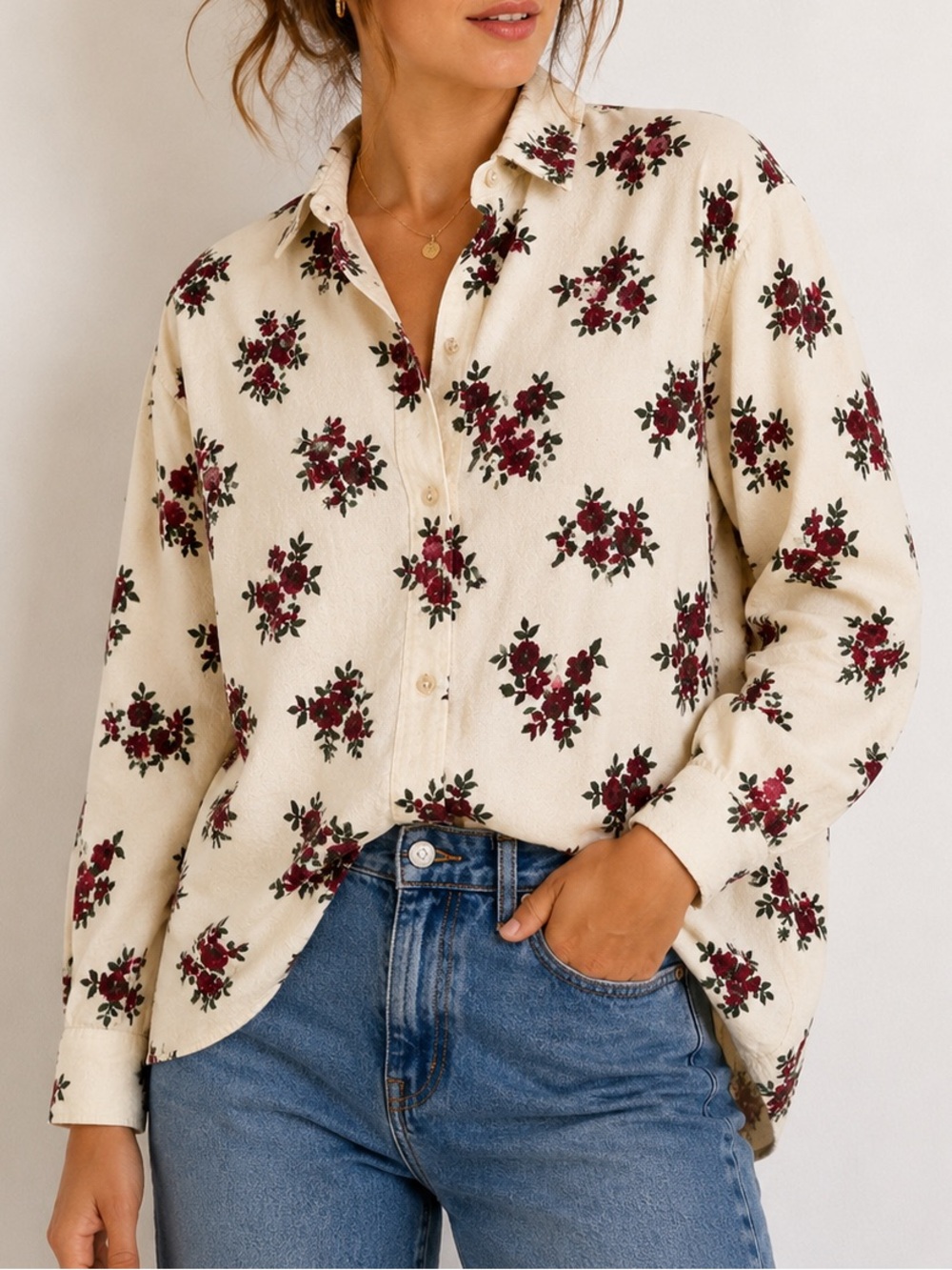 Vintage L.L.Bean Cotton Flannel Floral Chamois Cloth Button Front Shirt USA, M